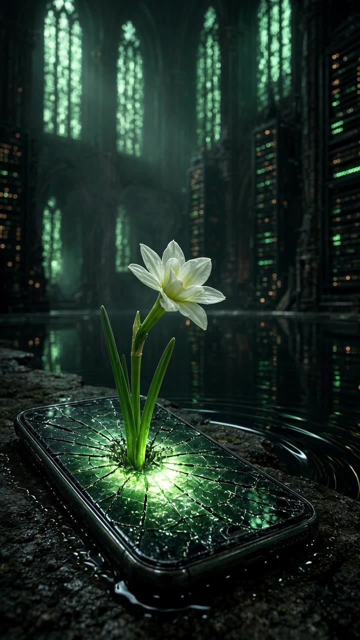 AI-made still from The Mirror Feed: a white narcissus grows out of a cracked, glowing phone beside a black pool in a cathedral of servers.